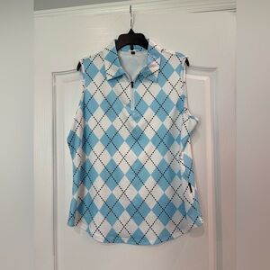 Soneven Blue and White Argyle Sleeveless Top, Size Large